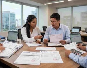 Equipo de consultoría contable y legal planificando estrategias empresariales