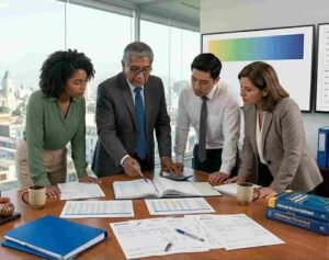 Consultores de Grupo JC evaluando informes de gestión financiera